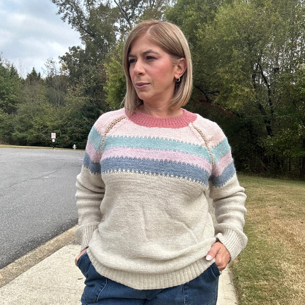 Ellie Long Sleeve Color Block Stripes Pullover Sweater
