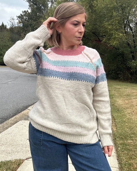 Ellie Long Sleeve Color Block Stripes Pullover Sweater