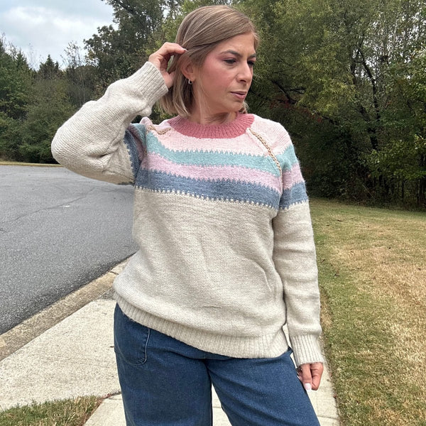 Ellie Long Sleeve Color Block Stripes Pullover Sweater