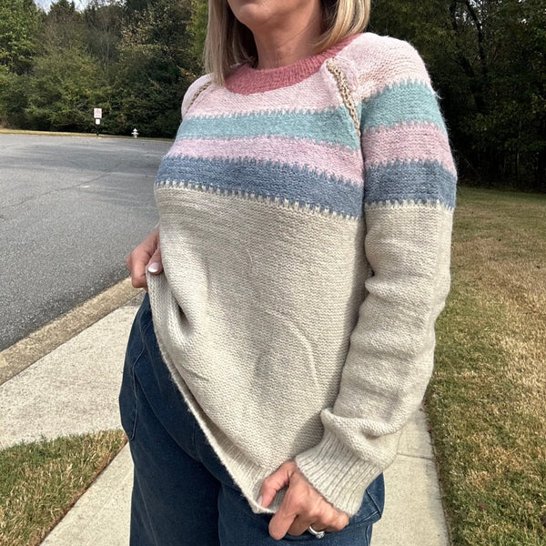 Ellie Long Sleeve Color Block Stripes Pullover Sweater