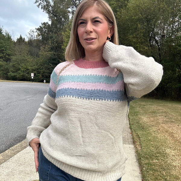 Ellie Long Sleeve Color Block Stripes Pullover Sweater