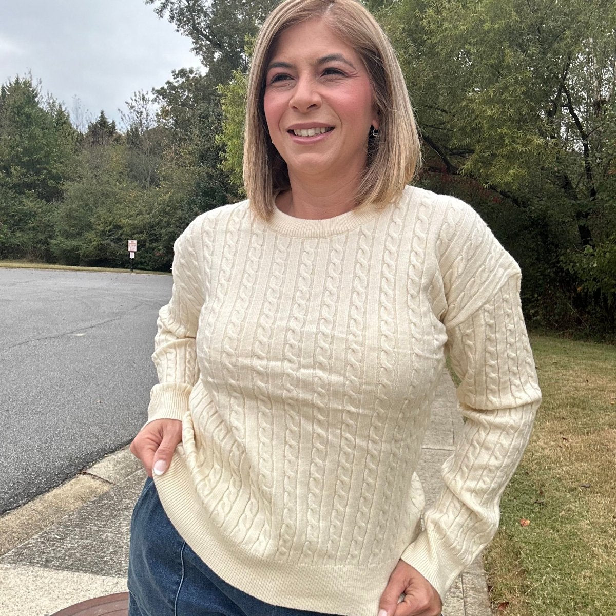 Emily Long Sleeve Cable Knit Detail Pullover Sweater